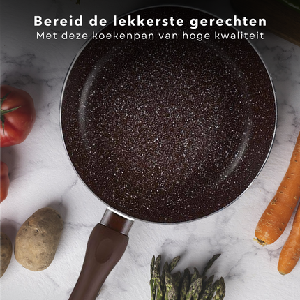 Cheqo® Koekenpan 26cm - Hoge Rand - Geperst Aluminium - Non-Stick Marble Coating - Soft-Touch Handgrepen - Inductiebodem - Vaatwasserbestendig - Krasbestendig - PFOA-Vrij - Alle Warmtebronnen - Ook Geschikt voor Inductie Koekenpan