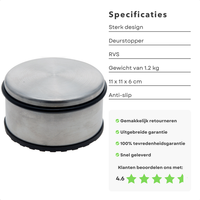 Cheqo® Deurstopper RVS - ∅11 cm - 1,2kg - Antislip - Rubberen Band - Voorkom Deurbeschadiging - Deurwig - Deurbuffer Deurwig