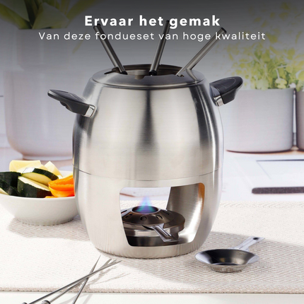 Cheqo® Fondueset - Fonduepan - 6 personen - RVS - ø23.5xh21cm - Spatdeksel - Met Fonduevorken en Fonduebrander - 859g Fondueset