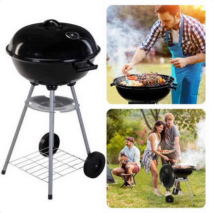 Cheqo® Kogelbarbecue - Ø46 cm - Ronde Metalen BBQ - Voor Houtskool & Briketten - 2 Grote Wielen - Verchroomd Voorraadschap - Kookhoogte 78cm - Opvangplaat - Gewicht 5kg - GS/TÜV Keuring - Barbecue BBQ