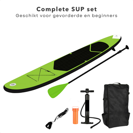 Cheqo® Complete SUP-Set - Opblaasbaar SUP Board - Stand Up Paddle Board - Ideaal voor Beginnende & Gevorderde Peddelsurfers - EVA Anti-Slip Bekleding - 150kg Max Belasting - Verstelbare Peddel - Met Handpomp & Reparatiekit SUP Board