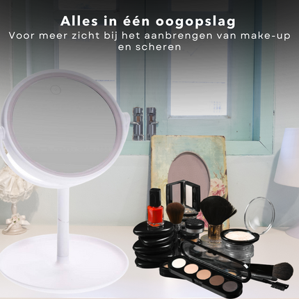 Cheqo® LED Make-up Spiegel met Licht - Spiegelverlichting - Spiegel met LED - 16cm Diameter - Touch Aan-Uit Schakelaar - USB-Connection - 4x AAA Batterijen - Kunststof - Wit Make-up spiegels