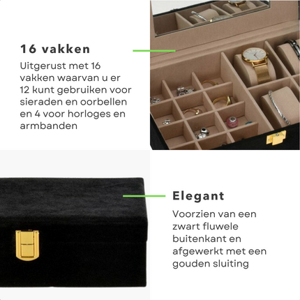 Cheqo® Sieradendoos - Juwelendoos - 25x16x7cm - Sieraden Organiser - Horlogebox - Horloge Doos - Zwart - Velvet - 16 Compartimenten - 12 Oorbellen/Ringen - 4 Armbanden/Horloges - Goudkleurige Sluiting Sieradendoos