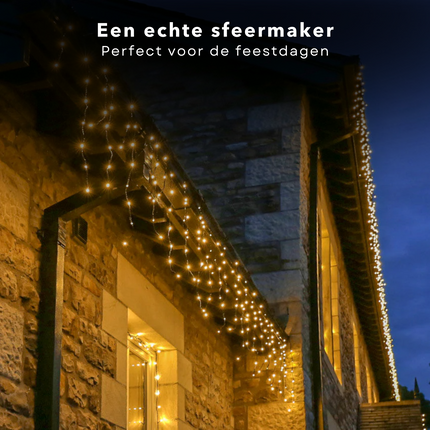 Cheqo® IJspegel Lichtgordijn - Ijspegelverlichting - Lichtgordijn - Gordijnverlichting - Kerstverlichting - 3.5m - 180 LED's - Extra Warm Wit - Soft Wire - 8 Lichtfuncties - IP44 - Binnen/Buiten - 6W - Zuinig in Verbruik  Kerstsfeer Lichtgordijn