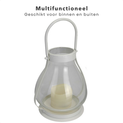 Cheqo® Lantaarn met LED-kaars - Tafel Lantaarn - Tafellamp - Glazen lantaarn met metalen frame - Aan/Uit schakelaar - 22/34cm hoog - 18cm diameter glas - Op Batterijen Lantaarn