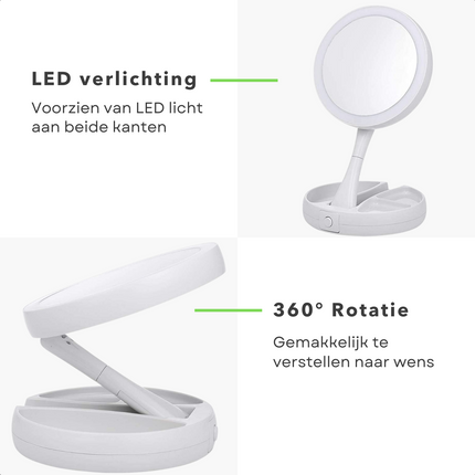 Cheqo® Dubbelzijdige Opvouwbare Spiegel - Make Up Spiegel met Verlichting - 10x Vergrotend - Met Opbergvak voor Sieraden - Op Batterijen Make-up spiegels