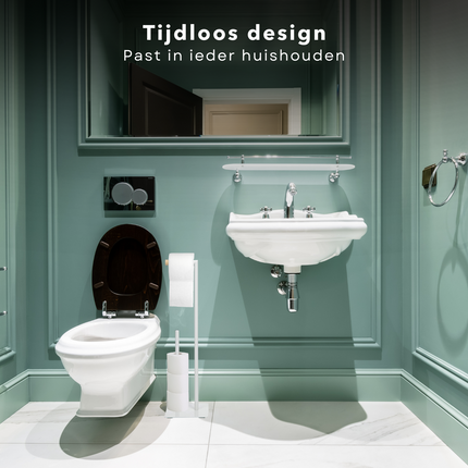 Cheqo® Toiletbutler - Toiletrolhouder - Rollenhouder - Standaard van Metaal en Houten Afwerking - 21,5 x 20 x 71 cm - Eenvoudig in Elkaar te Zetten Toiletbutler