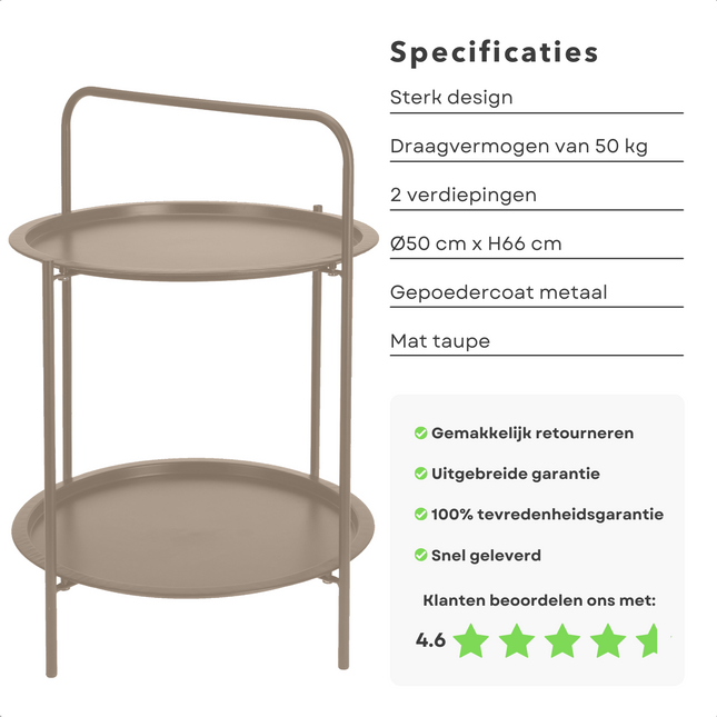 Cheqo® Bijzettafel 50 cm - Metaal (gepoedercoat) - Mat Taupe - 66 cm Hoogte - 2 Verdiepingen - Tafeltje - Tuintafel - Bijzettafel voor Binnen en Buiten - Nachtkastje Bijzettafel
