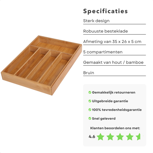 Cheqo® Luxe Bestekbak - 5-Vaks - Bamboe - 35x26x5cm - Besteklade - Bestek Organizer Bestekbakken