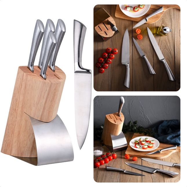 Cheqo® 5-delige Luxe Messenset - Houten Messenblok met RVS Bodem & Voorzijde - Chefmes 20cm, Snijmes 20cm, Broodmes 20cm, Universeelmes 12,5cm, Schilmes 9cm - Anti-slip - Messenset met Houten Blok Messenblokken met messen