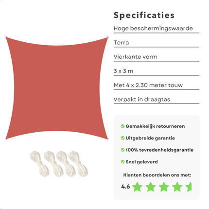 Cheqo® Schaduwdoek Vierkant - Terra Rood - Waterafstotend Polyester 100% - 4x2.30m Touw - Met Draagzak - 300x300cm Schaduwdoek