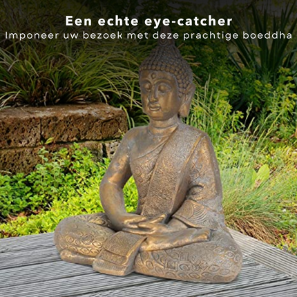 Cheqo® Boeddha Zittend Tuinbeeld - 50x28x62.5cm - Bronskleur - Goudkleur - Antieke Afwerking - Boeddhabeeld Boeddhabeelden