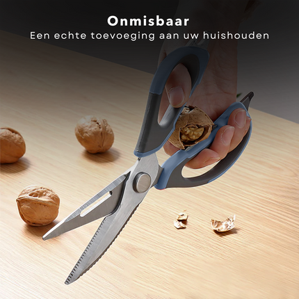 Cheqo® Multifunctionele Keukenschaar - Schaar met Flesopener - Schaar met Mes - Notenkraker - RVS - 22cm - 2,8mm - 145g - 80g - Voor Kip, Vis, Noten en Flessen Keukenschaar