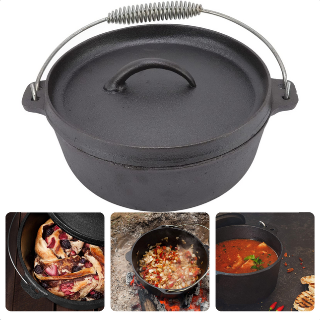 Cheqo® BBQ Pan - Gietijzer - Braadpan - ø20cm x h12,5cm - Bakpan - Deksel met Opstaande Rand - Veelzijdig Gebruik - Oven, BBQ, Vuur Barbecuepannen