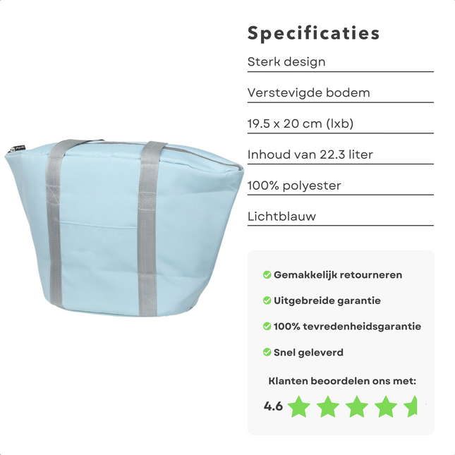 Cheqo® Geïsoleerde Koeltas - 22,3 liter - Blauw - Isolerend - Thermische Binnenkant - Dubbel Handvat - Rits - 18,5 x 18 cm - Verstevigde Bodem - Voor Picknick & Boodschappen Koeltas
