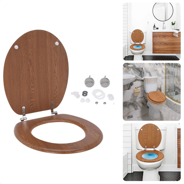 Cheqo® Toiletbril MDF - WC Bril  - Hout - 42.5x37cm - 18" - Houtkleur - RVS Verbinding WC-brillen