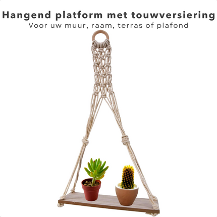 Cheqo® Luxe Plantenhanger - Wanddecoratie - Wandhanger - MDF Plank - Lichte Houtskleur - Wit Touw - 30x10,5x59,5cm Plantenhanger