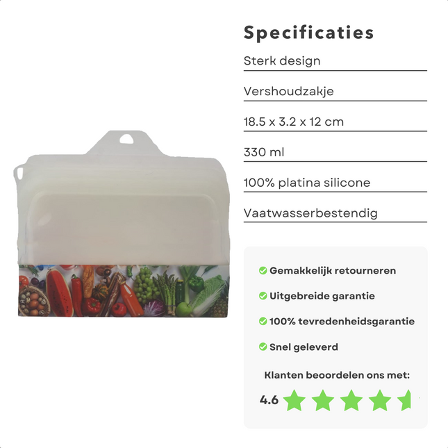 Cheqo® Siliconen Vershoudzak - Diepvrieszak - Boterhamzakje Herbruikbaar - 330ml - 100% Platinum Siliconen - Vaatwasserbestendig - Temperatuurbestendig - BPA-Vrij - 18.5x3.2x12cm - Oven, Magnetron, Vriezer - Ook voor Sieraden, Make-up Boterhamzakjes