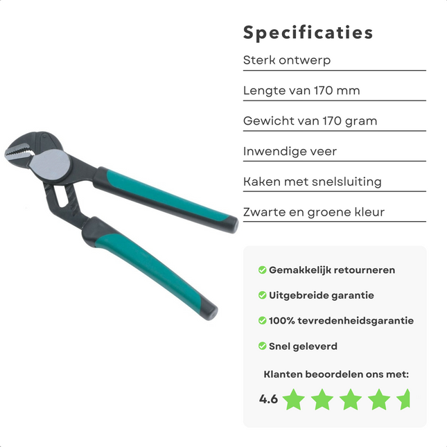Cheqo® Waterpomptang Automatisch - 170mm - Met Opgelegd Scharnier & Inwendige Veer - Eenhandsbediening - 170 gram - Snel, Efficiënt & Veilig - Klustang - Isolatie Handvatten - Afglijdbeveiliging waterpomptangen