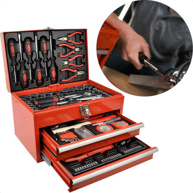 Cheqo® XXL 155-Delige Gereedschapbox - Gereedschapset in Koffer - Gevuld - Tangen - Schroevendraaiers - Gereedschapskist met Laden - 3,6V Staafschroevendraaier - 1/2" & 1/4" Ratel - Bits, Verlengingen & Adapters Gereedschapskoffers