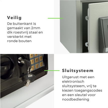Cheqo® Digitale Elektronische Kluis - Muurbevestiging - Perfect voor het opbergen van Documenten, Sieraden & Waardevolle Spullen - 2mm RVS Buitenschaal - Verstevigd met Ronde Bouten - Toegangscode - Noodbediening via Sleutel - Montageset - 35x25x25cm Kluis