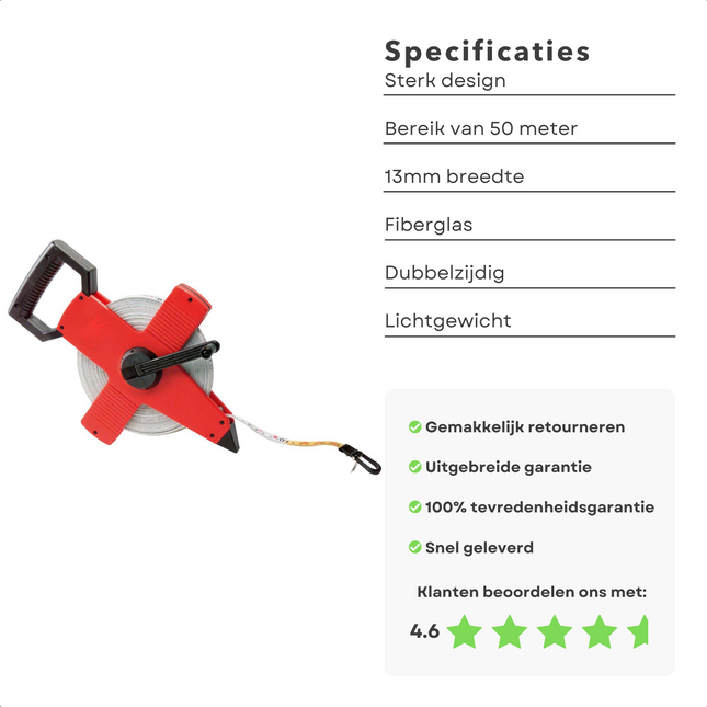 Cheqo® Fiberglass Meetlint - Landmeter - 50m x 13mm - Licht van Gewicht - 50 Meter Meetlint