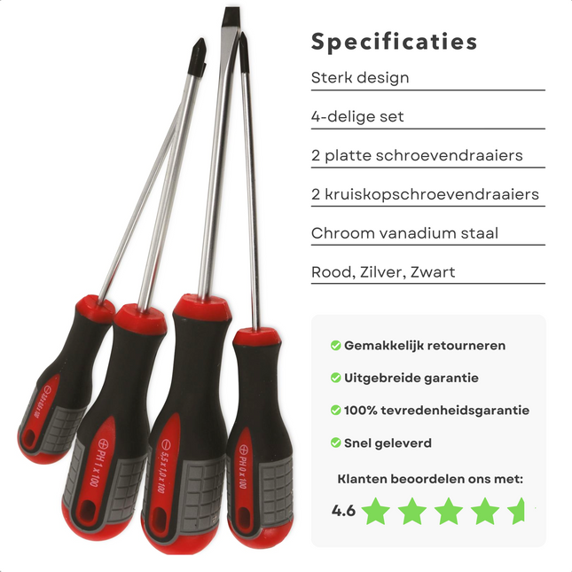 Cheqo® 4-delige Schroevendraaierset - Sleuf - Kruiskop - Schroevendraaier - Handgereedschap - Klusgereedschap - Voor de Professional & Hobbyist - Lange Levensduur - Hoge Kwaliteit Schroevendraaiers