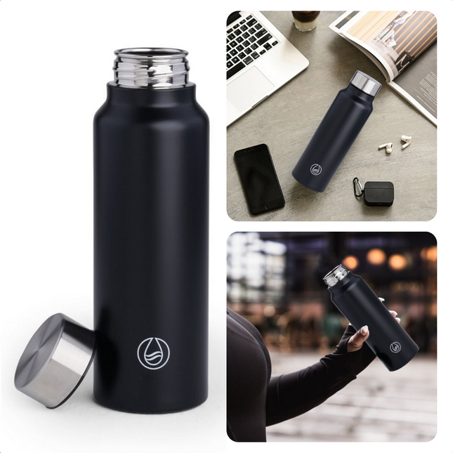 Cheqo® Luxe Drinkfles - Waterfles - 750ml - 195g - RVS - Enkelwandig - Onbreekbaar - Modern Design - Zwart - Thermosfles - Isoleerkan Thermosfles