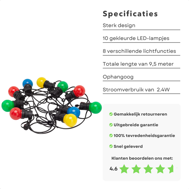 Cheqo® Feestverlichting - Lichtsnoer - Tentverlichting - Fairy Lights - 10L, 3V/20mA - 8 Lichtfuncties - 50cm Afstand - 9.50m Snoer - IP44 Beschermwaarde - 2.4W Power Consumption - Ophangoog - Binnen & Buiten Feestverlichting