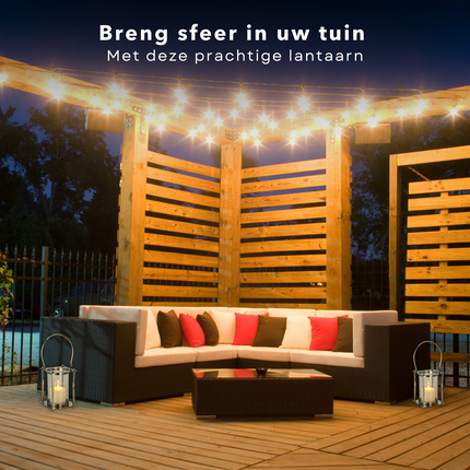 Cheqo® Luxe Ronde Lantaarn - Kaarsenhouder - Zilverkleurig - 24/44cm - 16x16cm - Zonder Kaars Tuinlantaarns