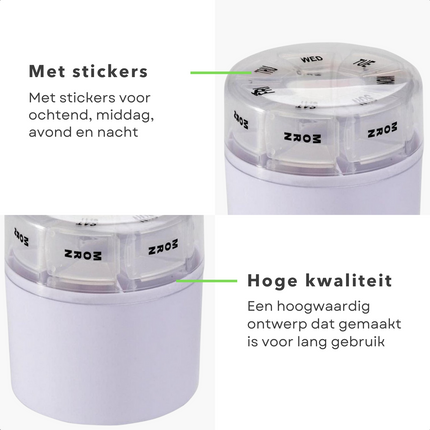 Cheqo® Pillendoos 7-daags - Doos met Medicijnen - Pillen Planner - Medicijndoos - 1-weekse Pillendoos - 7 Verwijderbare Compartimenten - 4 Vakken per Compartiment - Morgen - Middag - Avond - Nacht - Ø8.5cm - Hoogte 9.5cm. Pillendoos