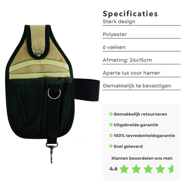 Cheqo® Gereedschapsgordel Enkel - Gereedschapshouder - Gereedschapstas Broekriem - Extra Sterk Polyester - 6 Vakken - Met Hamerlus - 26x15cm Gereedschapsgordels