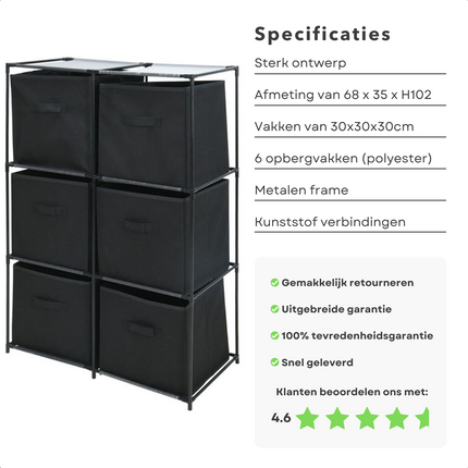 Cheqo® Opbergkast - Halkast - Ladekast met 6 Compartimenten - 68x35xH102cm - Metalen Frame - Polyester Vakken - In Elkaar Te Zetten Ladekast