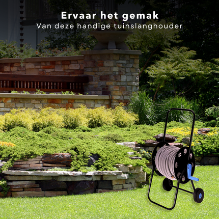 Cheqo® Slangenwagen - Tuinslanghaspel - Tuinslanghouder Trolley - Tuinslangenwagen Voor 40m Tuinslang - Geïntegreerde Aansluiting 19mm - 45x45x85cm - Blauw/Zwart Slangenwagen