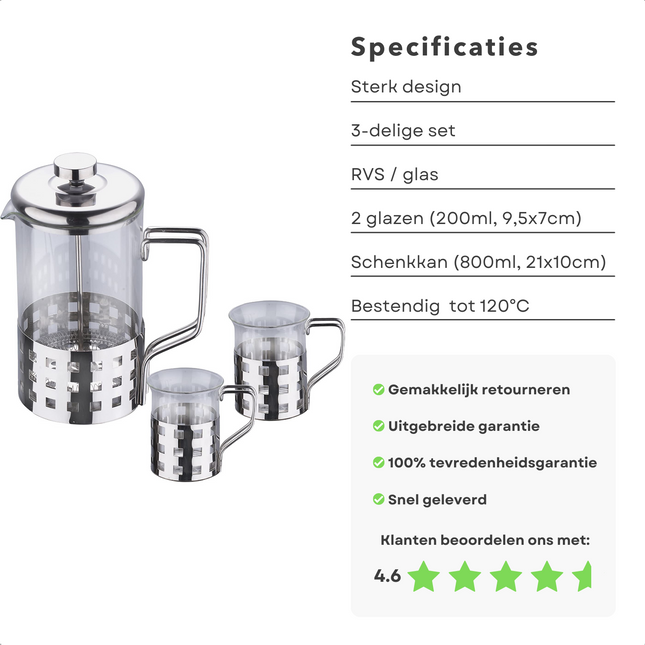 Cheqo® 3-Delige Koffiekan Set - Theeset - Theekan met Filter - Roestvrijstaal/Glas - 800ml/200ml - 21x10cm/9,5x7cm - Uitneembaar - Tot 120°C Verhitbaar Theepot