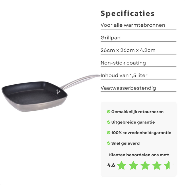 Cheqo® Grillpan - 26x26x4.2cm- Aluminium - Alle Warmtebronnen - Ook voor Inductie Grillpan
