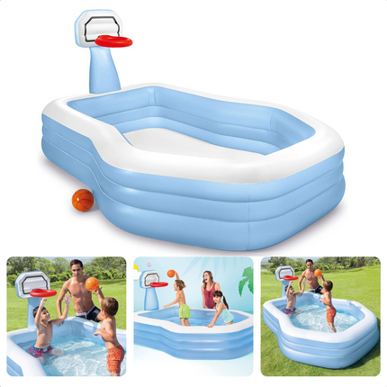 Cheqo® Opblaasbaar Zwembad - Opblaasbad - Zwembad - Opzetbad - Kinderbad - 257x188x130cm - 682L - Basketbalring & Bal - Reparatiemateriaal Opblaas Zwembad