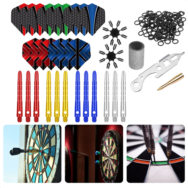 Cheqo® Dartset - 146pcs - 23gr - 12x Aluminium Shafts - 15x 120micron Flights - 100x O-ringen - 1x Ring Tool - 1x Darttool - 1x Dartslijper - 16x Flight Beschermers - Tools - 12 Dartpijlen - Voor 4 Personen - Rood - Zilver - Goud - Cadeau - Vaderdag Dartpijlen