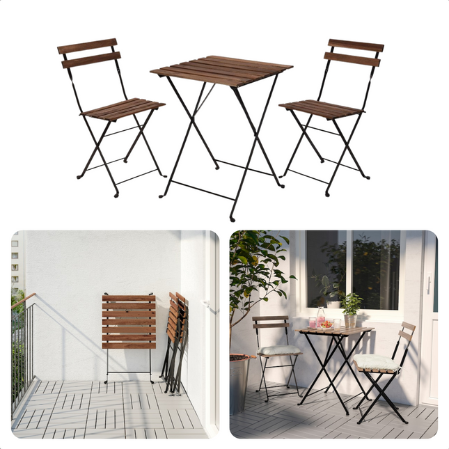 Cheqo® Bistroset 3-delig - Tuinset - Tafel Met Stoelen - Acacia Hout & Zwart Metaal Frame - 54x54cm - Opvouwbaar - Licht van Gewicht - 13.4kg Bistroset
