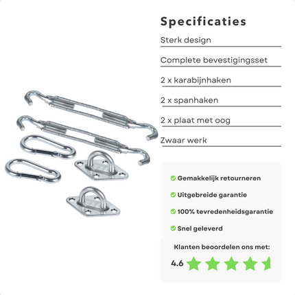 Cheqo® Bevestigingsset Zonnezeilen en Schaduwdoeken - 6 Delig - Ophangset voor Schaduwdoek - 2x Karabijnhaken, 2x Spanhaken, 2x Plaat met Oog - Zonneluifel - Zware Uitvoering Schaduwdoek bevestigingsmateriaal