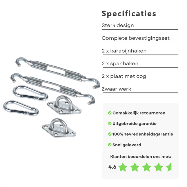 Cheqo® Bevestigingsset Zonnezeilen en Schaduwdoeken - 6 Delig - Ophangset voor Schaduwdoek - 2x Karabijnhaken, 2x Spanhaken, 2x Plaat met Oog - Zonneluifel - Zware Uitvoering Schaduwdoek bevestigingsmateriaal