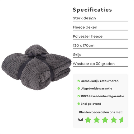 Cheqo® Fleece Deken - Fleece Plaid - Dekentje - 130x170cm - Voor de Koude Dagen - Polyester - Grijs - Bed & Bank Plaids