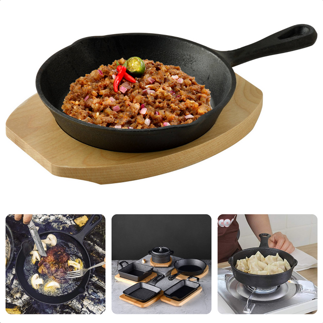 Cheqo® Gietijzeren Koekenpan met Serveerplank - 970g - Koekenpan Gietijzer - Gas, Elektrisch, Keramisch, Halogeen, Oven - Veelzijdig en Vaatwasserbestendig Koekenpan