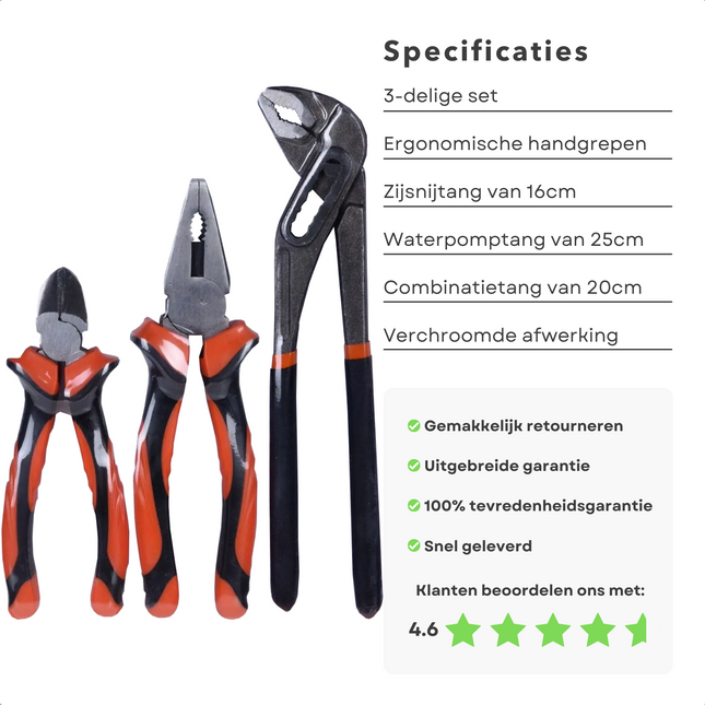 Cheqo® Tangenset - 3-delig - 16cm Zijsnijtang - 20cm Combinatietang - 25cm Waterpomptang - Carbon-staal - Tpr Handgrepen - Voor de Professional - Klussen - Tang - Gereedschap - Handgereedschap Tangensets