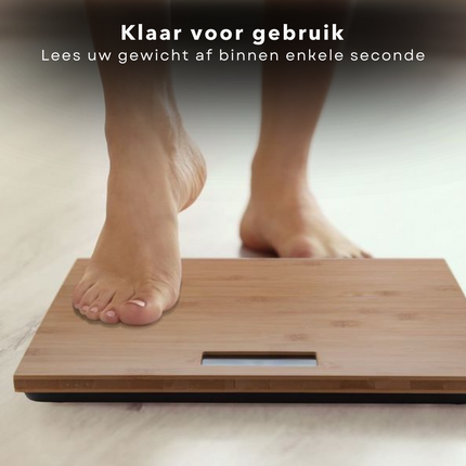 Cheqo® Digitale Personenweegschaal van Bamboe - Weegschaal Digitaal - 30x30x3cm - 180kg - Anti-Slip Noppen - 2x AAA Batterijen Personenweegschaal