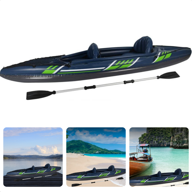 Cheqo® Kayak Cruiser - 2 persoons - 342cm - Groen - 0.48 mm - Max. 160 kg - Opblaasbaar - Peddel van 225 cm - Roeispaan - Met Grijpkoord - Met Pomp - Incl. Reparatiesetje - Kajak Kajakken