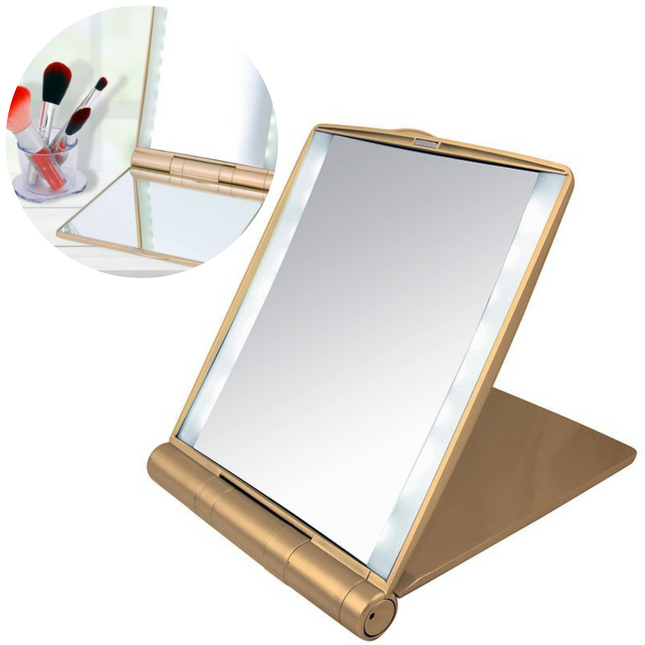 Cheqo® Make-Up Spiegel met LED Verlichting - Verlichte Spiegel met LED-backlight - 3x Vergroting - 15x13.5cm - Goud met Wit - Op Batterijen Make-up spiegels