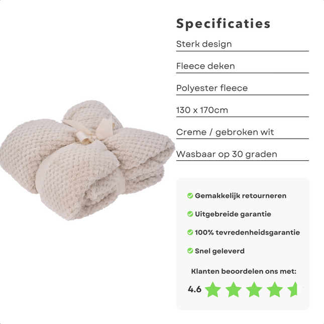 Cheqo® Fleece Deken - Fleece Plaid - Dekentje - 130x170cm - Voor de Koude Dagen - Polyester - Creme Wit - Bed & Bank Plaids