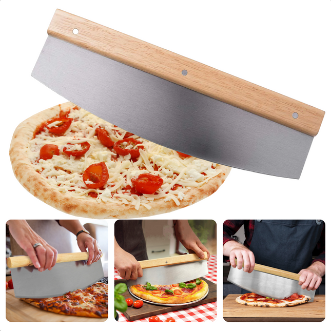 Cheqo® Pizzasnijder - Pizzames - Wiegmes - RVS - Rubberhout Handvat - 35x10.3x2cm - Makkelijk Schoon te Maken Pizzasnijder
