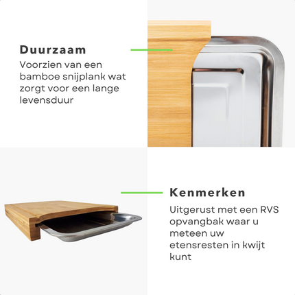 Cheqo® Bamboe Snijplank met Opvangbak - RVS Opvangschaal - Groente Snijden - 33x24x4cm Snijplank